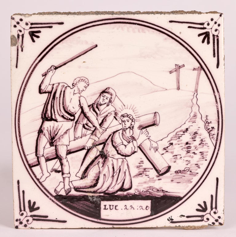 Carreau De Faïence Ancien XVIIIe - Scène Biblique Au Manganèse - Boîte Décorative En étain