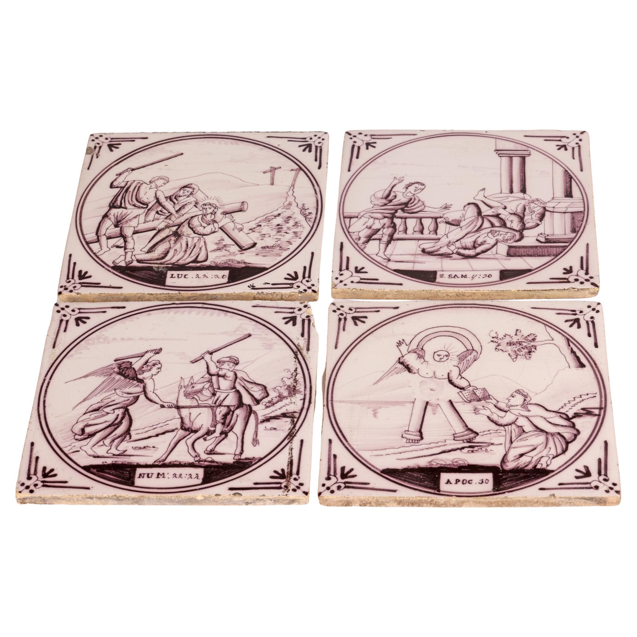 Set Four Dutch Manganese Biblical Pottery Tiles, 18th Century For Sale