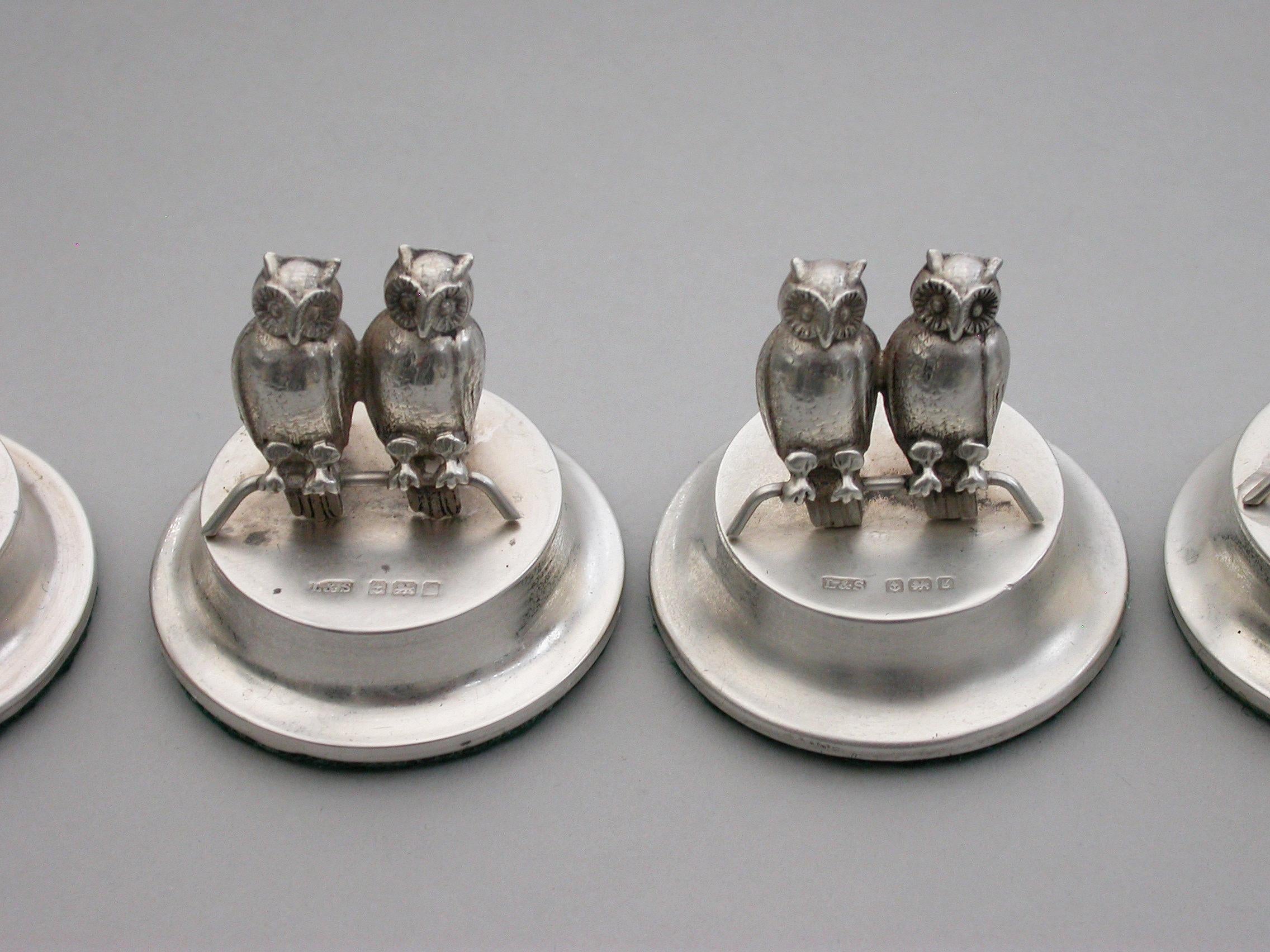 English Set Four Edwardian Silver Owls Menu Holders, by Levi & Salaman 1906-1907 For Sale
