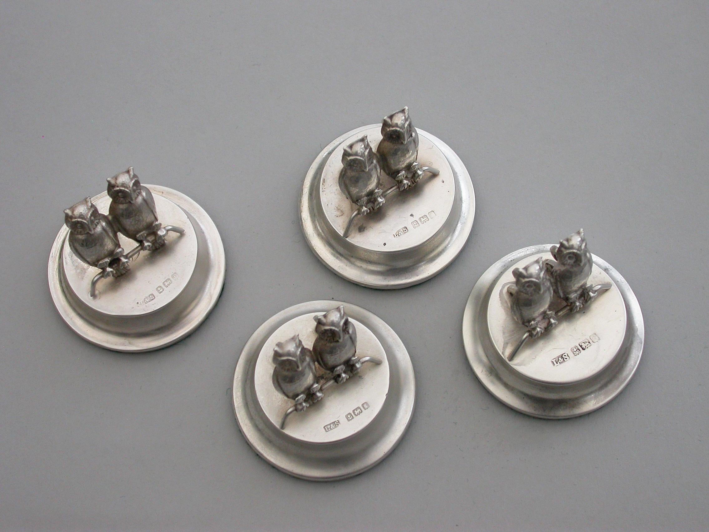Set Four Edwardian Silver Owls Menu Holders, by Levi & Salaman 1906-1907 For Sale 3