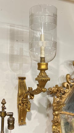 Set Four Empire style Antique Gilt Bronze Sconces with Hurricane Glass Shades