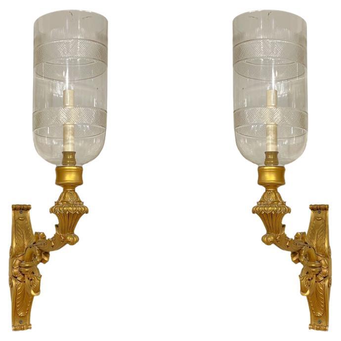 Set Four Empire style Antique Gilt Bronze Sconces with Hurricane Glass Shades in vendita