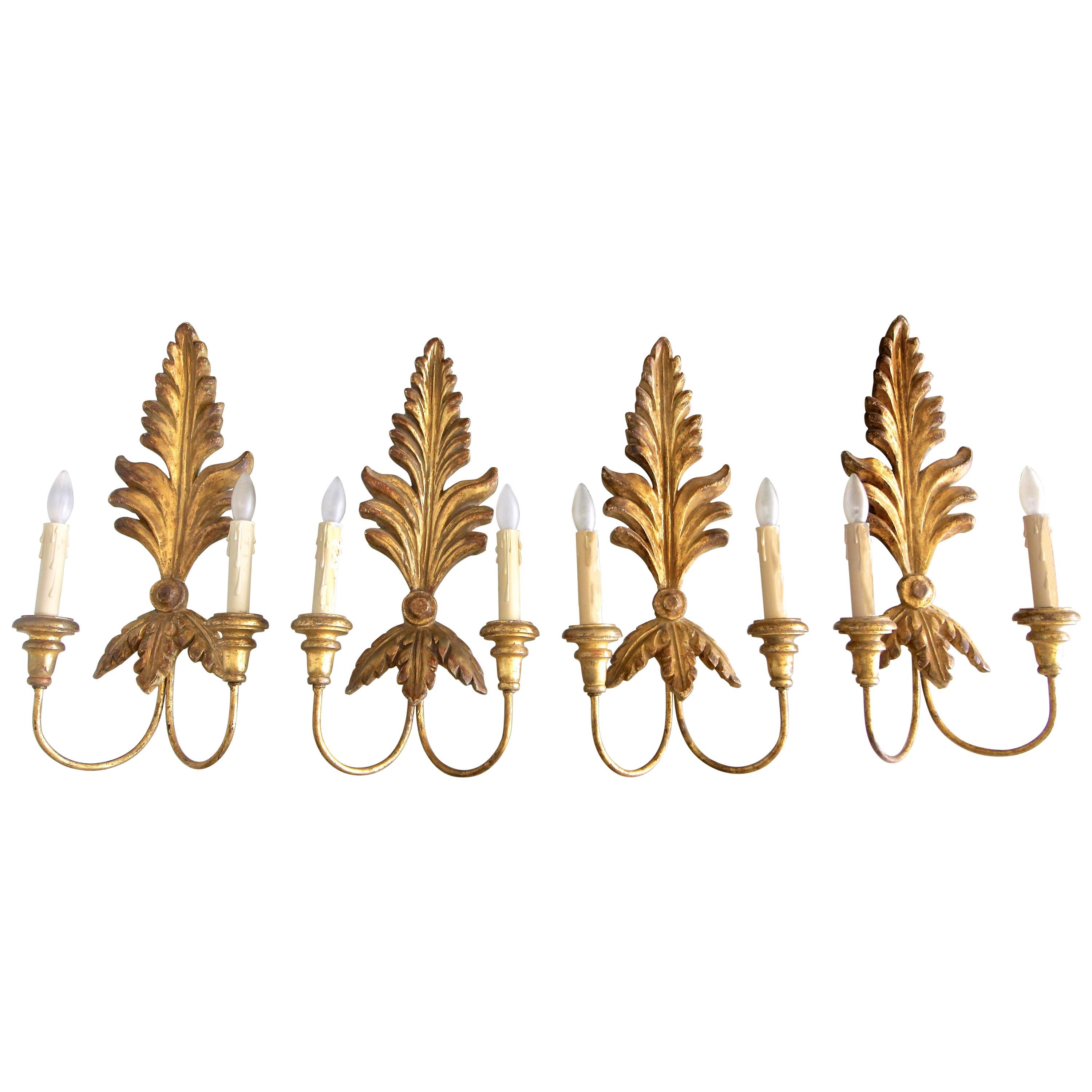 Set of Four French Acanthus Foliage 23-Karat Giltwood Sconces