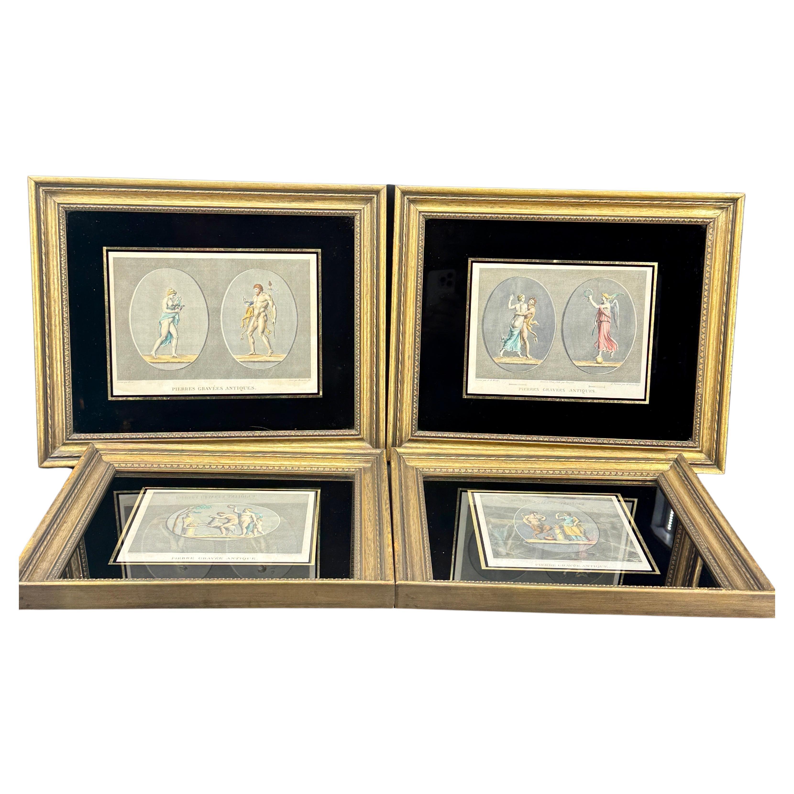 Fantastic 18th Century Antique Hand-Colored Engravings depicting Greek Mythological scenes. This set of artwork is from J.B. Wicar. These matted and gold gilt framed art would look wonderful on a gallery wall in any formal or informal living room or