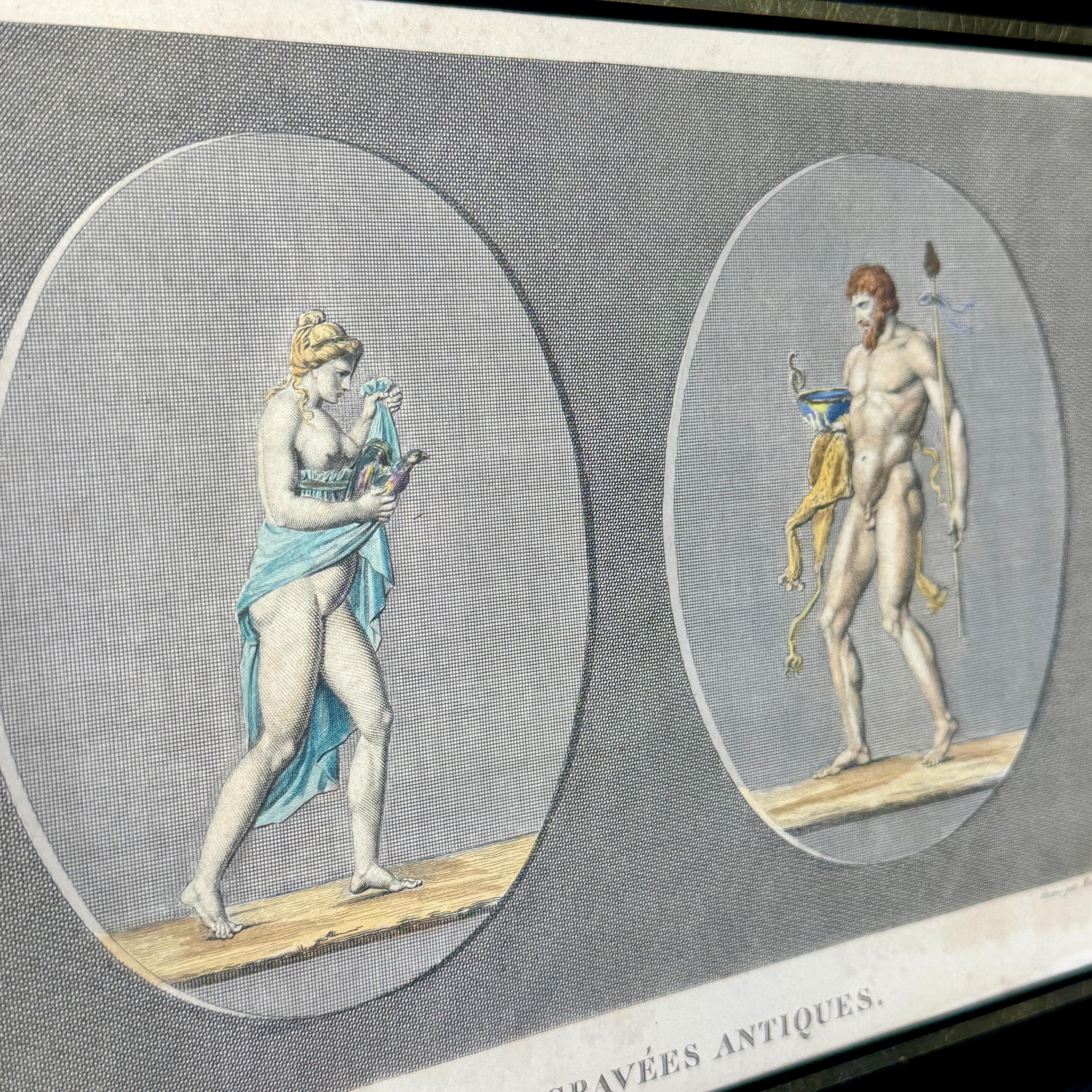 18th Century Set Four Hand Colored Pierre Gravees Antiques Engravings For Sale