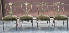 Set Four Italian Neoclassical Engraved Brass and Upholstered Side Chairs C.1950s
