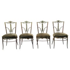 Set Four Italian Neoclassical Engraved Brass and Upholstered Side Chairs C.1950s