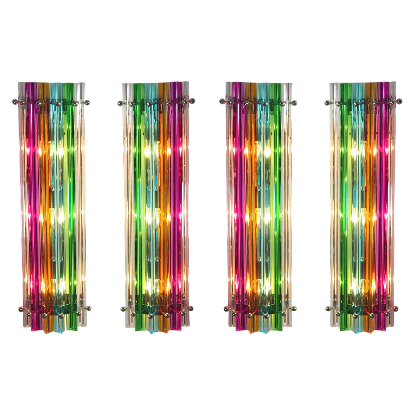 Set Four Italian Wall Sconces, Multi-Color Triedri Venini Style Murano, 1990s