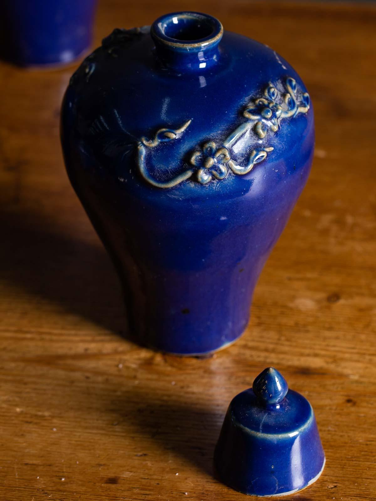 Set of Four Lapis Lazuli Blue Hand Glazed Modern Vessels Pots Jars with Lids 5