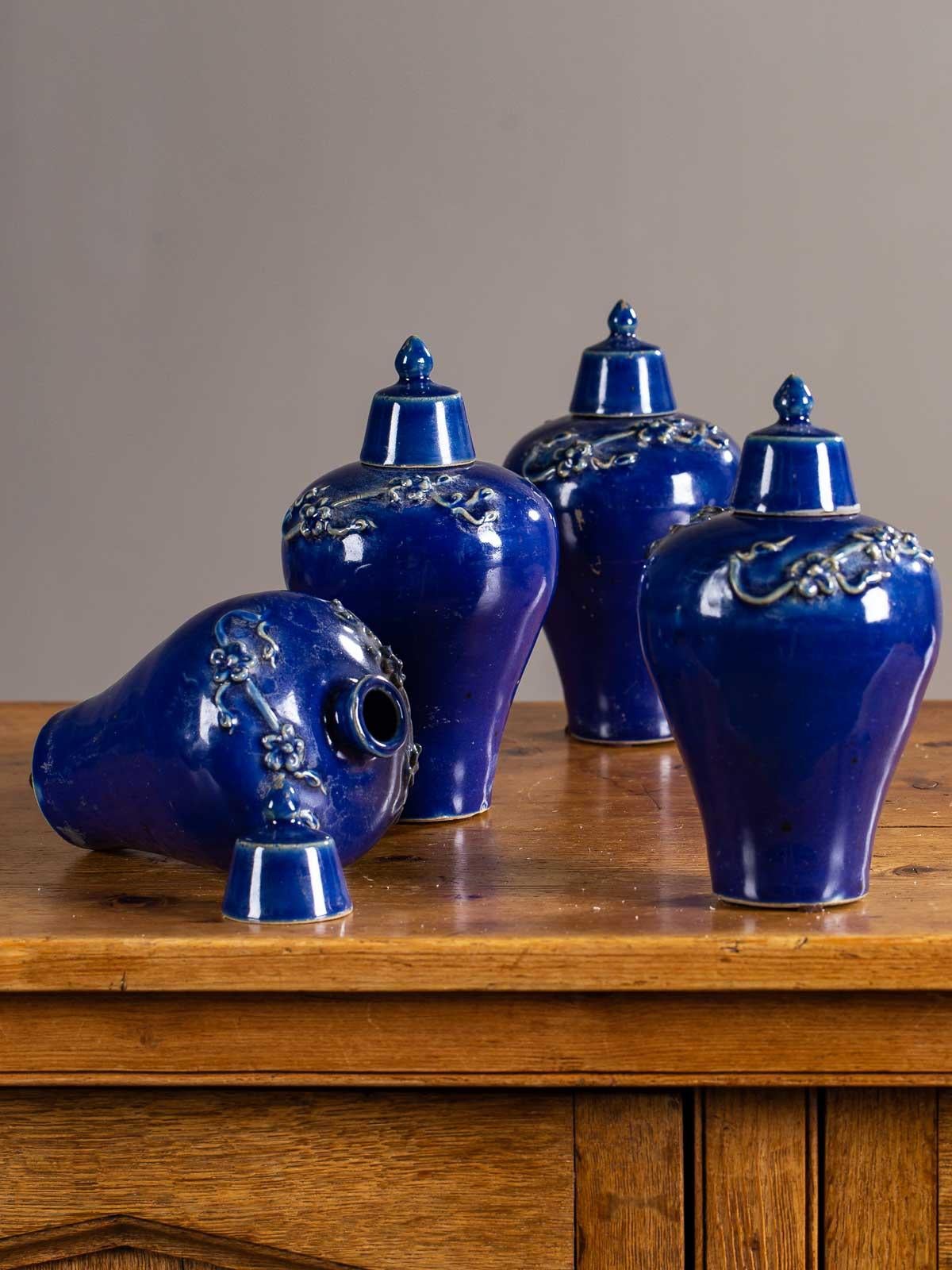 Set of Four Lapis Lazuli Blue Hand Glazed Modern Vessels Pots Jars with Lids In Excellent Condition In Houston, TX