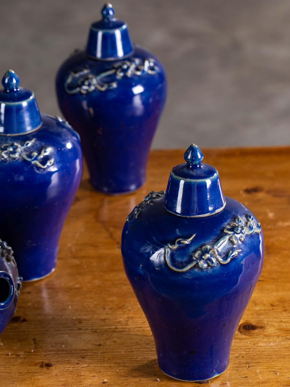 Contemporary Set of Four Lapis Lazuli Blue Hand Glazed Modern Vessels Pots Jars with Lids