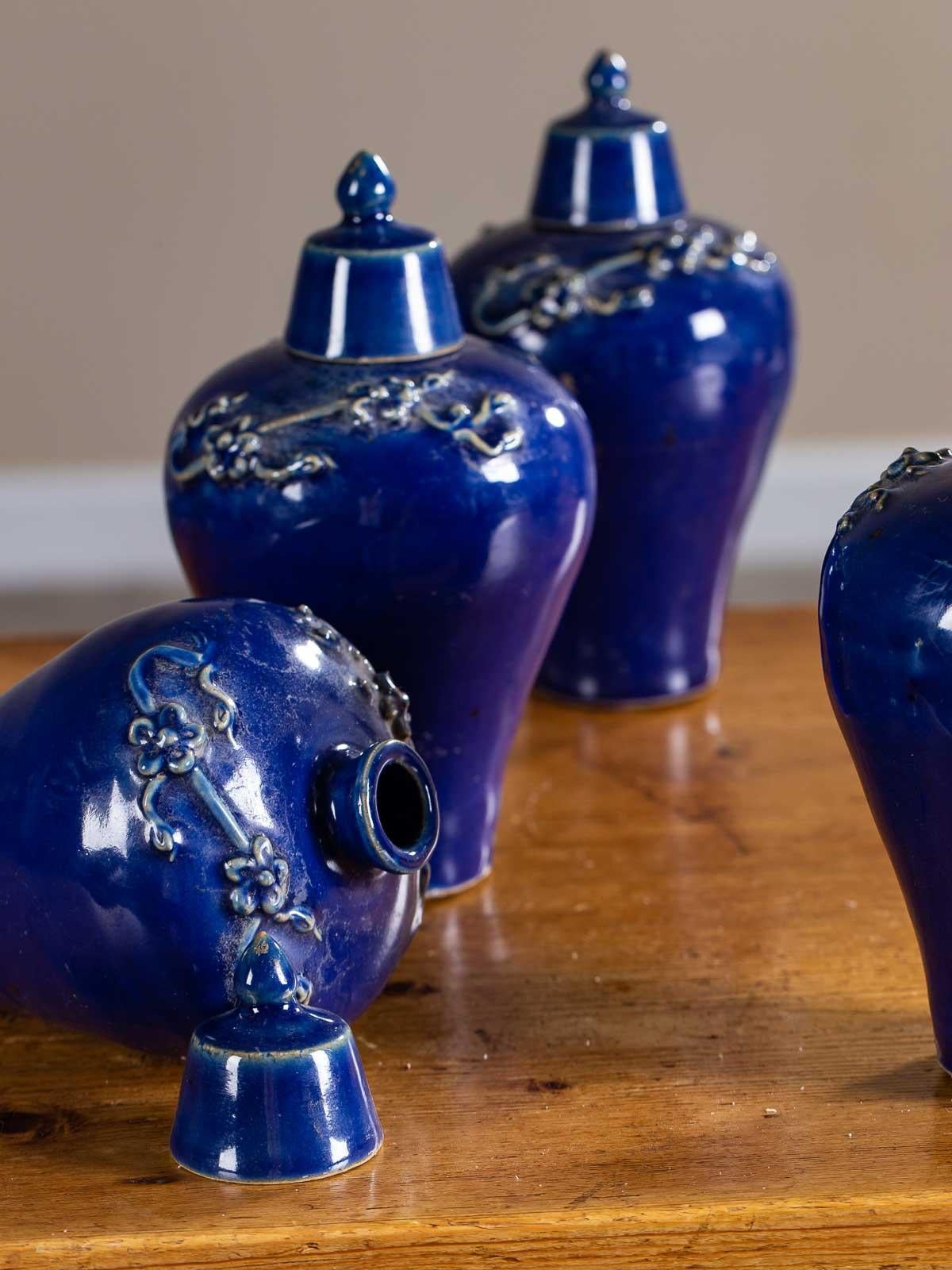Set of Four Lapis Lazuli Blue Hand Glazed Modern Vessels Pots Jars with Lids 1