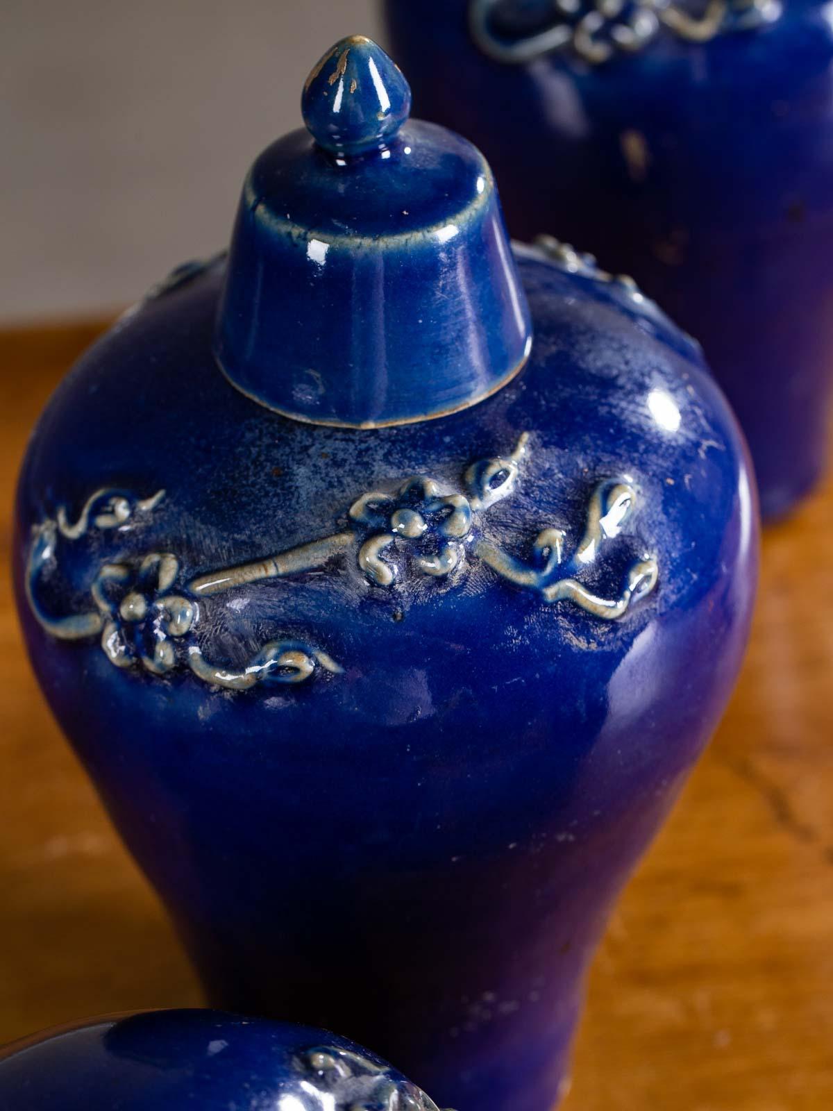 Set of Four Lapis Lazuli Blue Hand Glazed Modern Vessels Pots Jars with Lids 2
