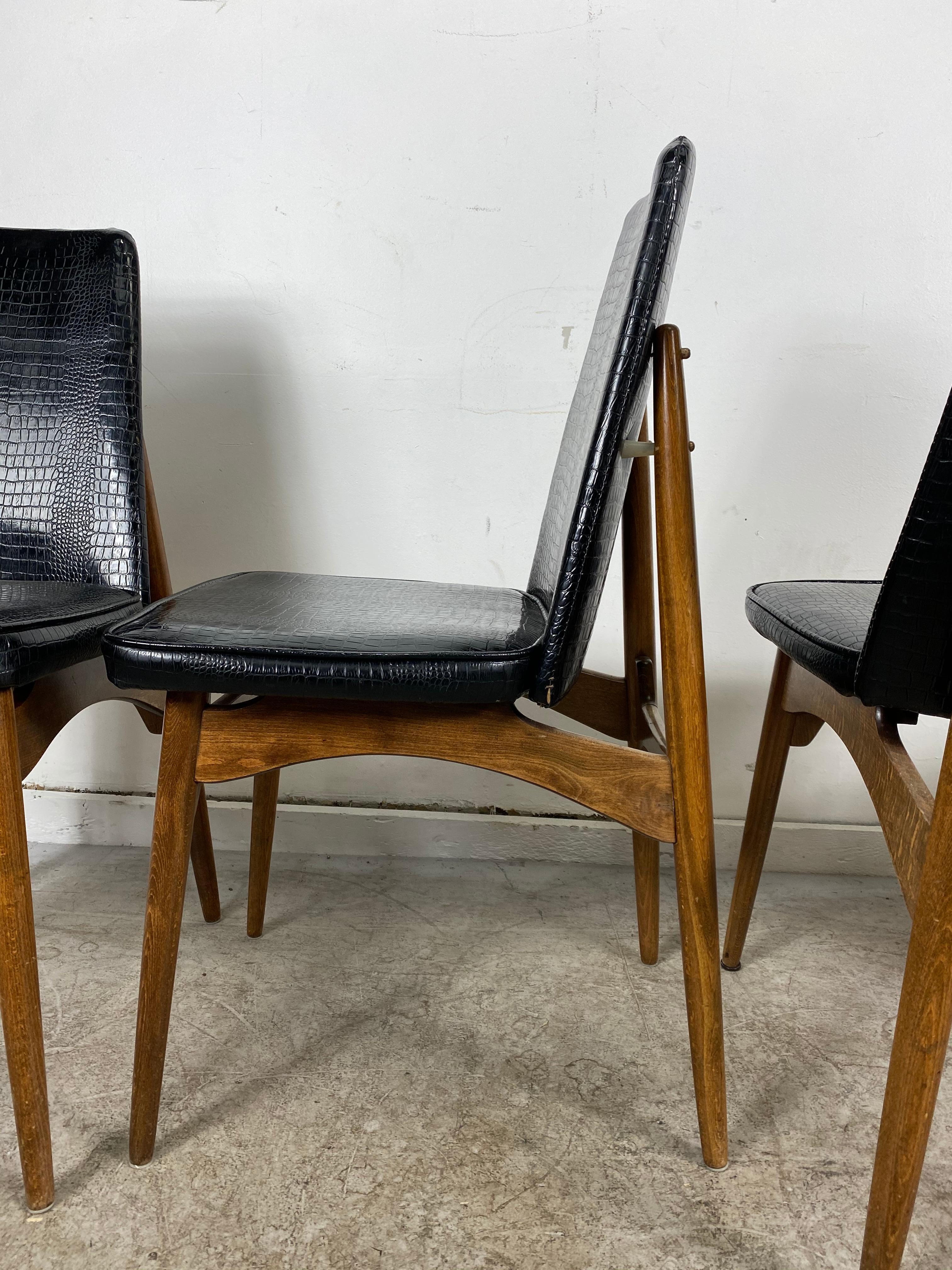 Mid-20th Century Set Four Mid-Century Modern Dining Chairs, Original Alligator Patent Leather For Sale