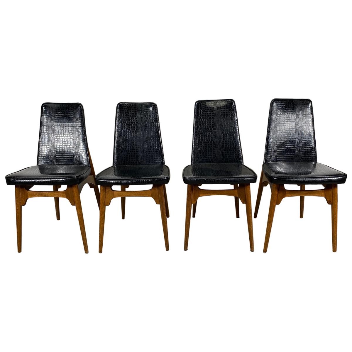 Set Four Mid-Century Modern Dining Chairs, Original Alligator Patent Leather