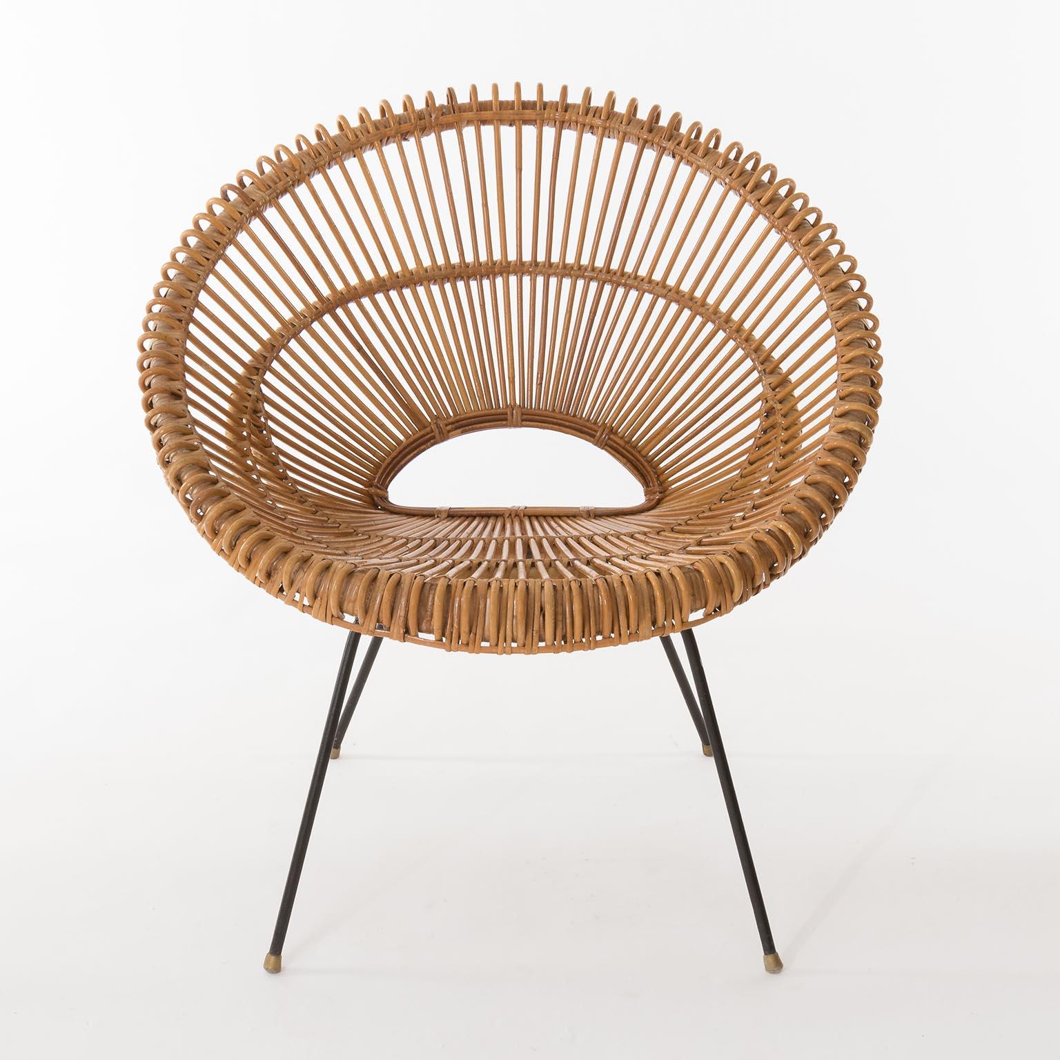 French Set Four Mid-Century Modern Rattan Bamboo Chairs, Janine Abraham, Dirk Rol, 1960 For Sale