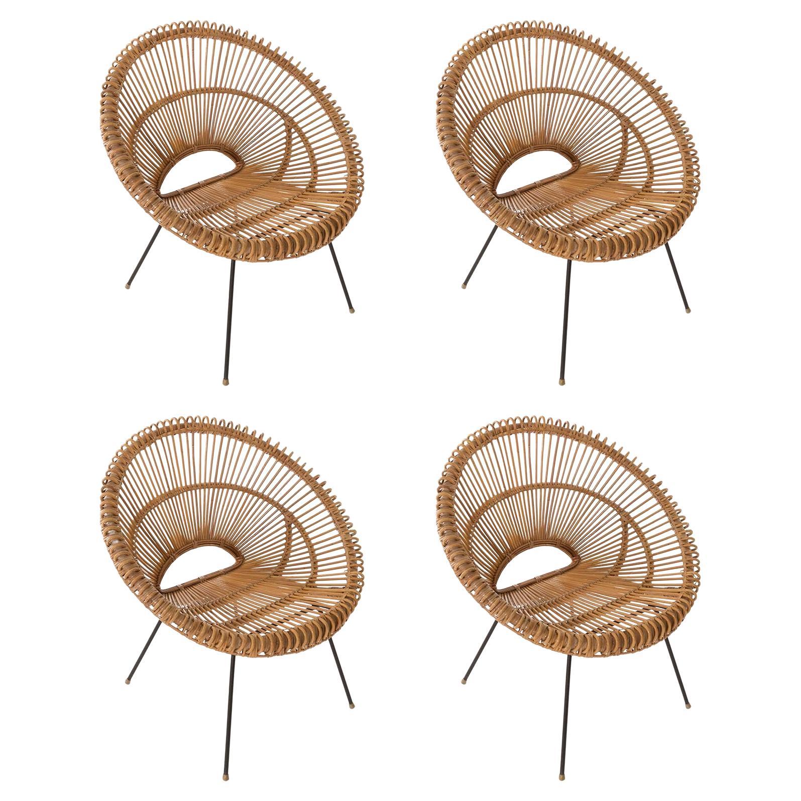 Set Four Mid-Century Modern Rattan Bamboo Chairs, Janine Abraham, Dirk Rol, 1960 For Sale