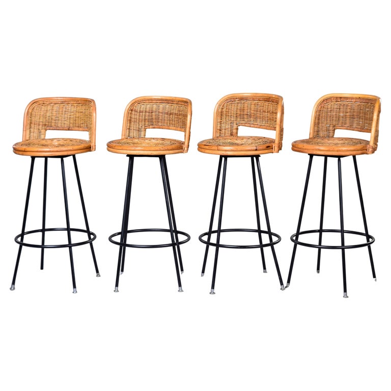 Set Four Mid Century Wicker Danny Ho Fong Style Swivel Bar Height