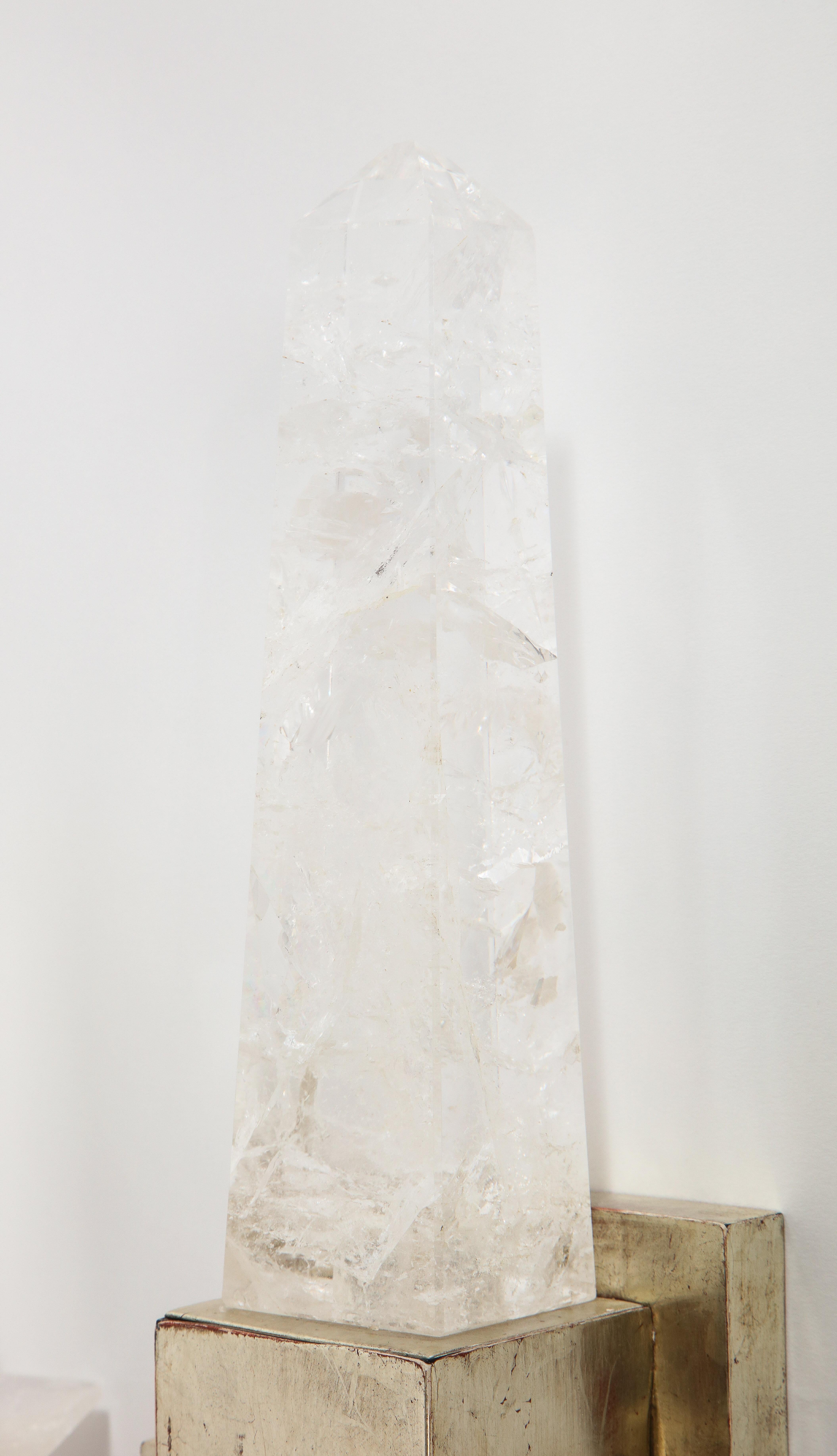Set Four Modern 2-Light Rock Crystal & Silvered Wall Appliques w/ Center Obelisk For Sale 6