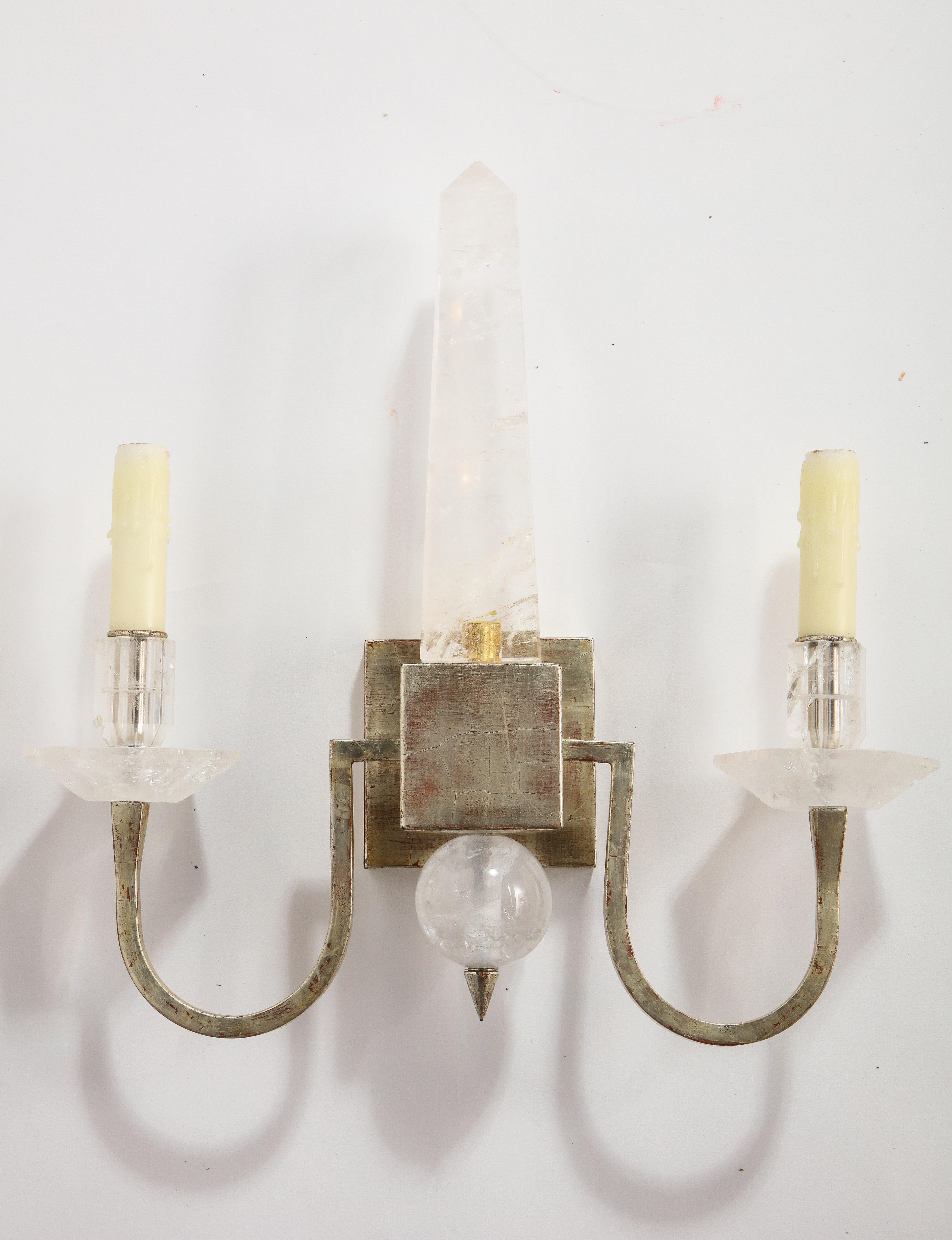 Set Four Modern 2-Light Rock Crystal & Silvered Wall Appliques w/ Center Obelisk In Good Condition For Sale In New York, NY