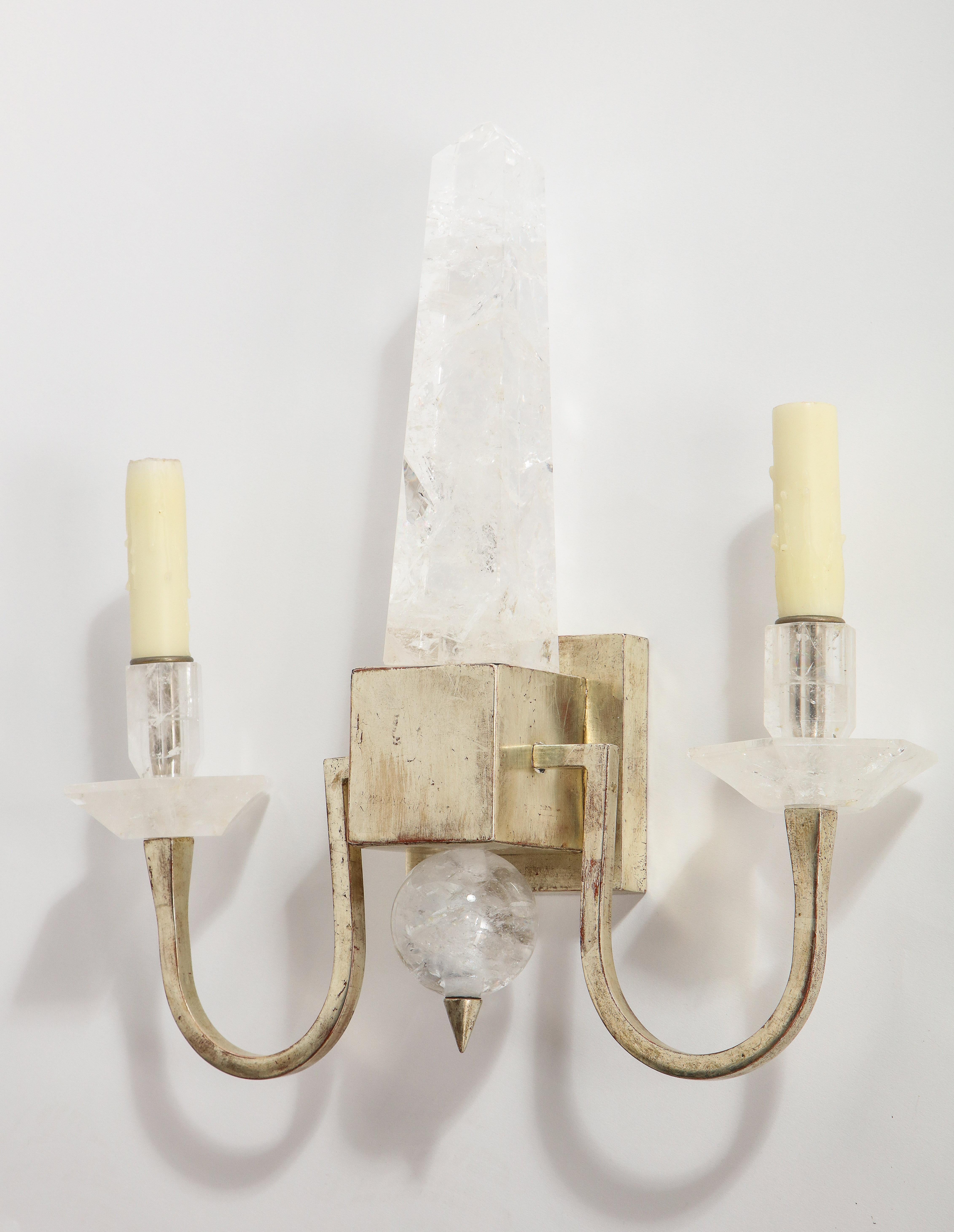Contemporary Set Four Modern 2-Light Rock Crystal & Silvered Wall Appliques w/ Center Obelisk For Sale