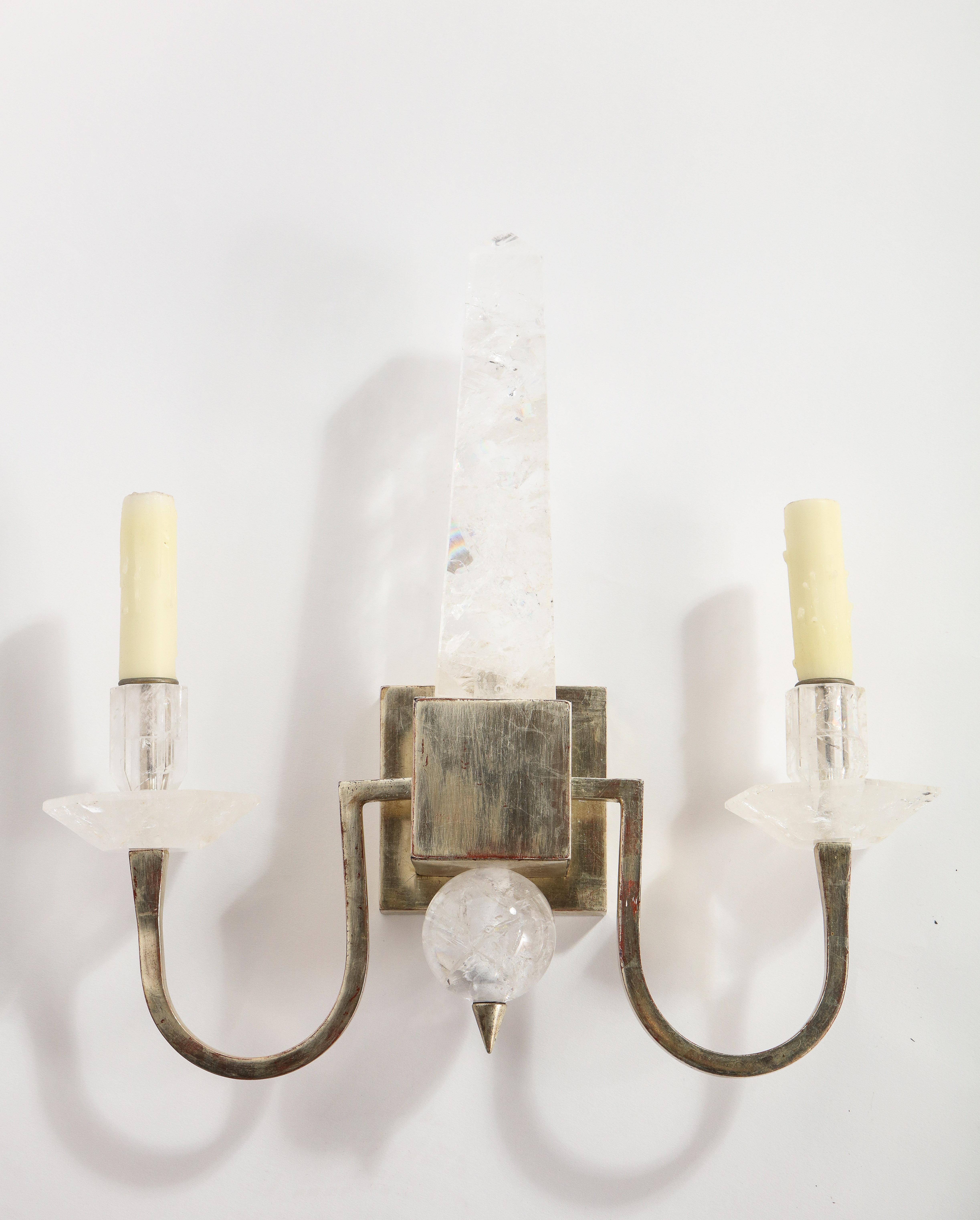 Contemporary Set Four Modern 2-Light Rock Crystal & Silvered Wall Appliques w/ Center Obelisk For Sale