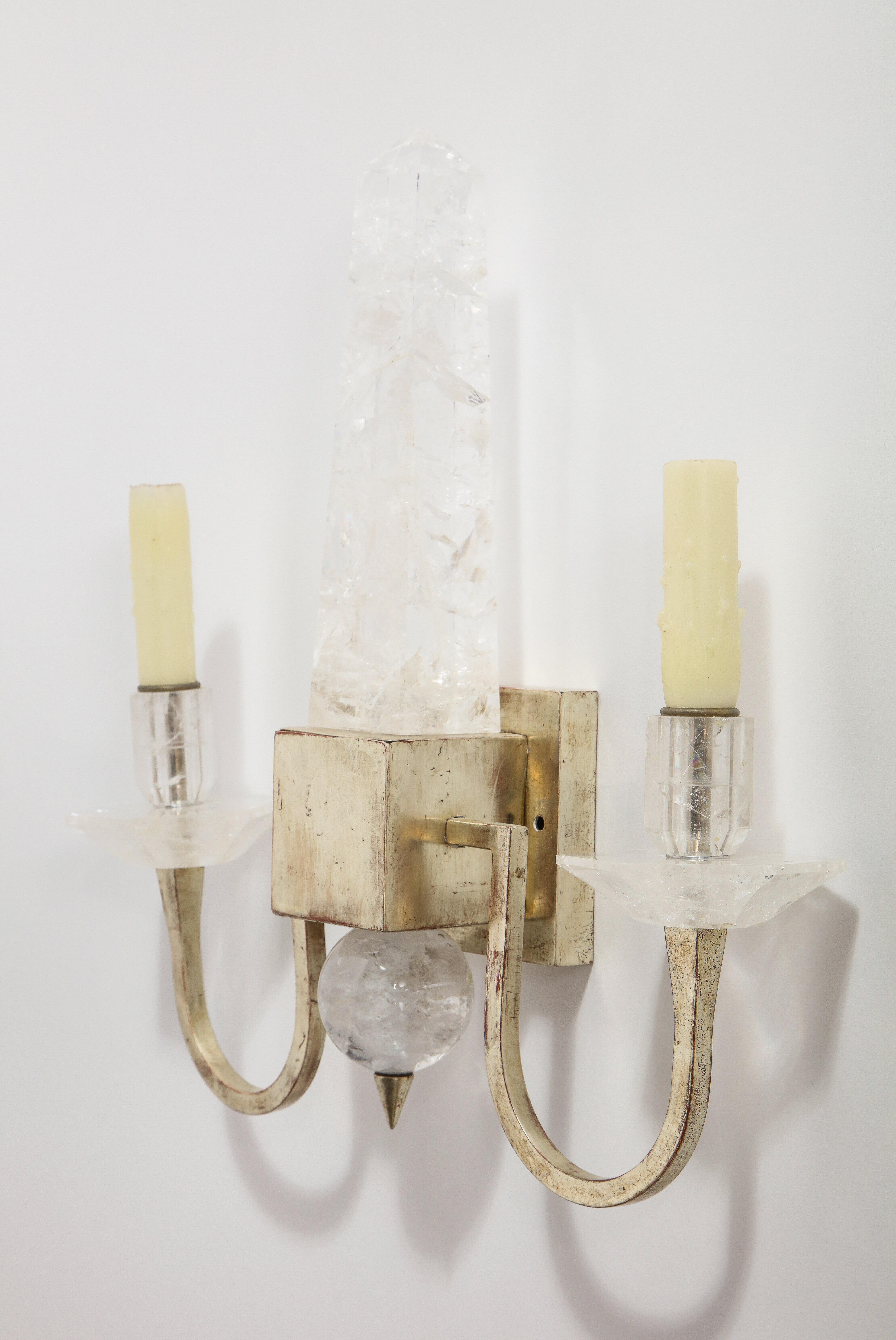 Metal Set Four Modern 2-Light Rock Crystal & Silvered Wall Appliques w/ Center Obelisk For Sale