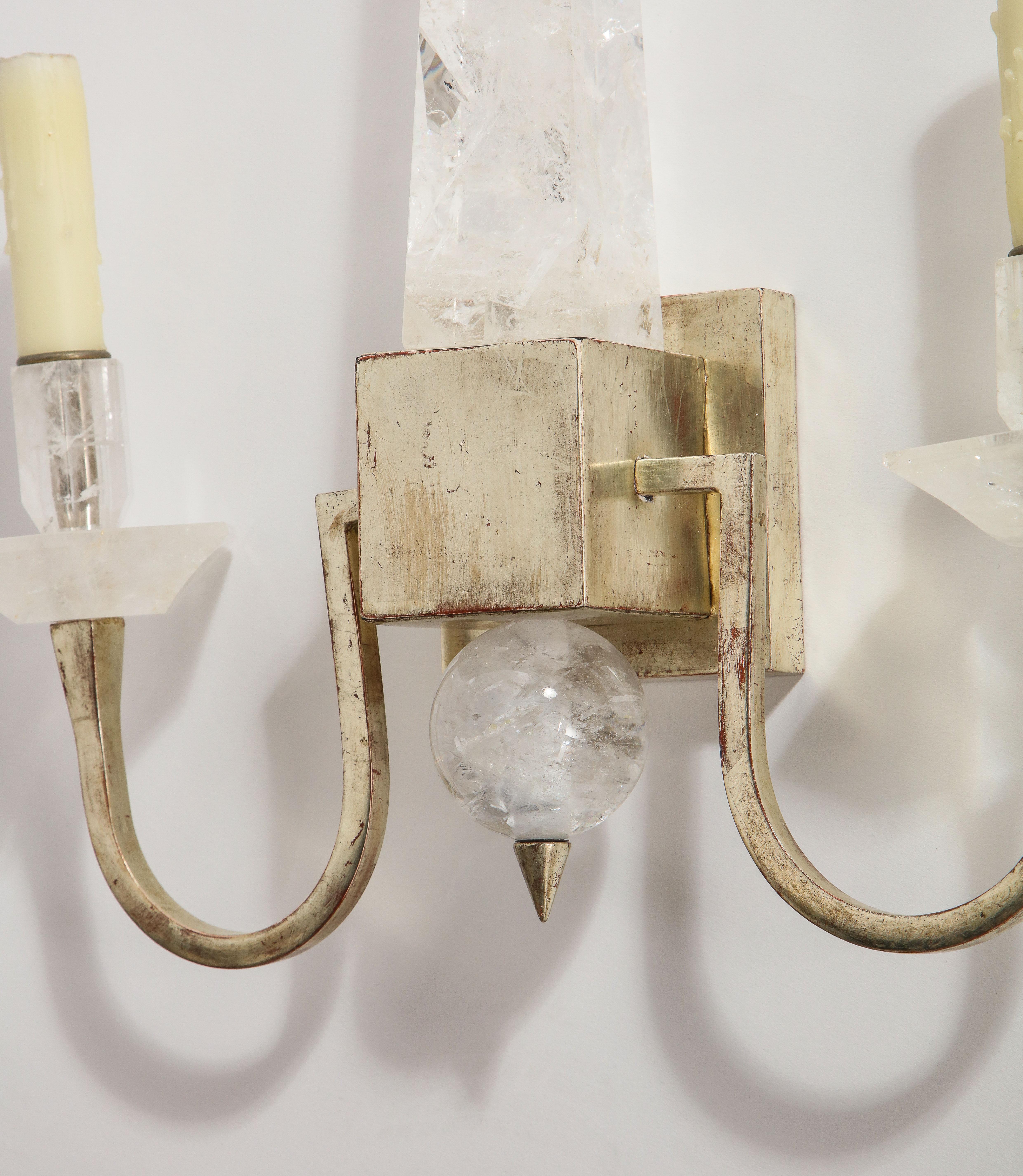 Set Four Modern 2-Light Rock Crystal & Silvered Wall Appliques w/ Center Obelisk For Sale 2