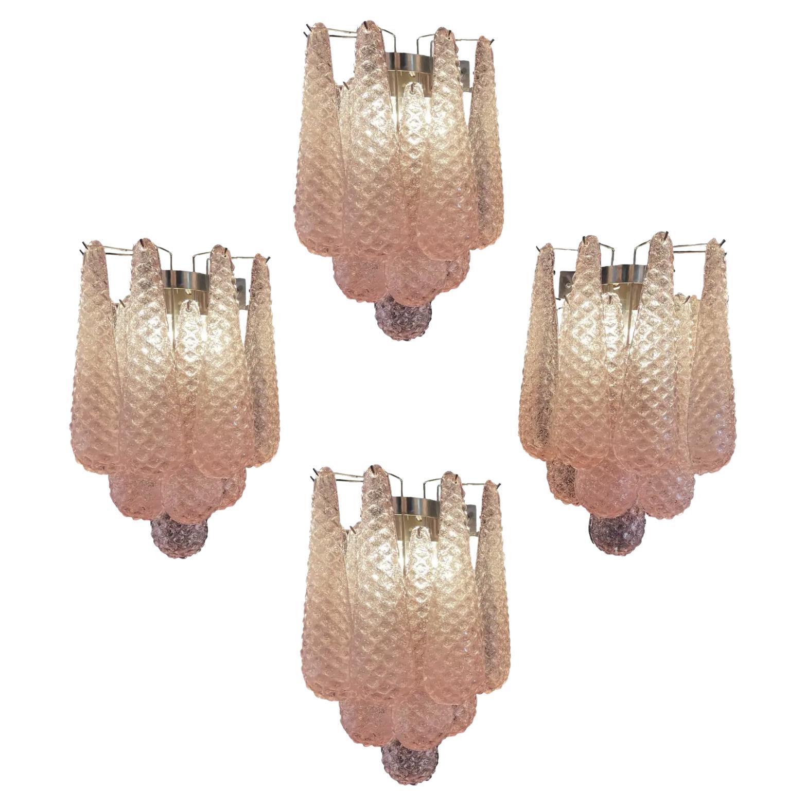 Set di quattro lampade da parete a goccia con petali di vetro rosa vintage, Murano