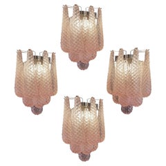 Set di quattro lampade da parete a goccia con petali di vetro rosa vintage, Murano