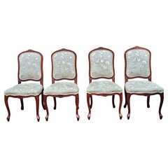 Set Four Provincial Fruitwood And Embroidered Ultrasuede Upholstery  Side Chairs