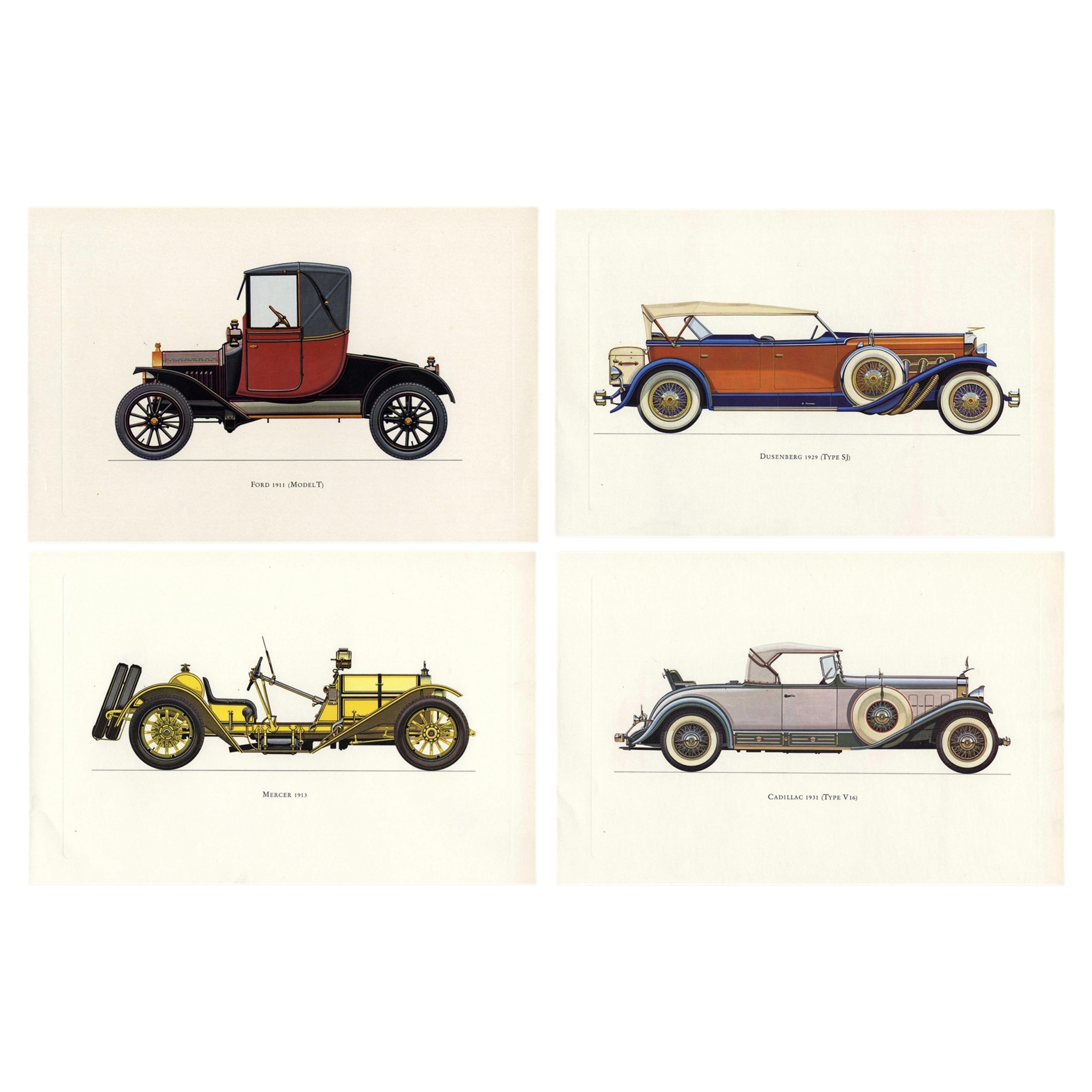 Set Four Vintage American Cars Lithographs Pictures Cadillac, Ford, Mercer 1964
