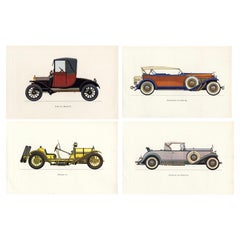 Set Four Vintage American Cars Lithographs Pictures Cadillac, Ford, Mercer 1964