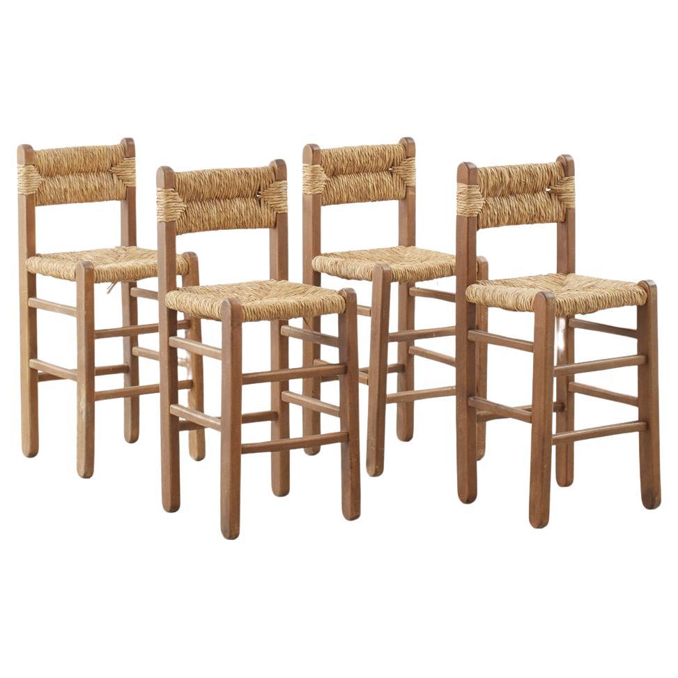 Set four wooden rush barstools, France 1960s For Sale