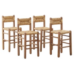 Used Set four wooden rush barstools, France 1960s