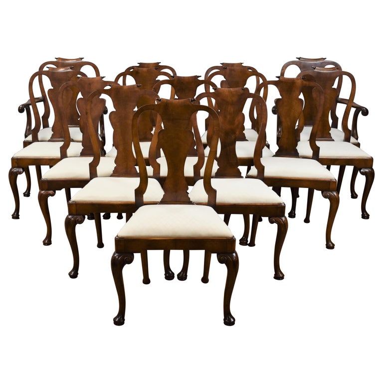 Set of Fourteen Walnut Queen Anne Style Dining Chairs at 1stDibs