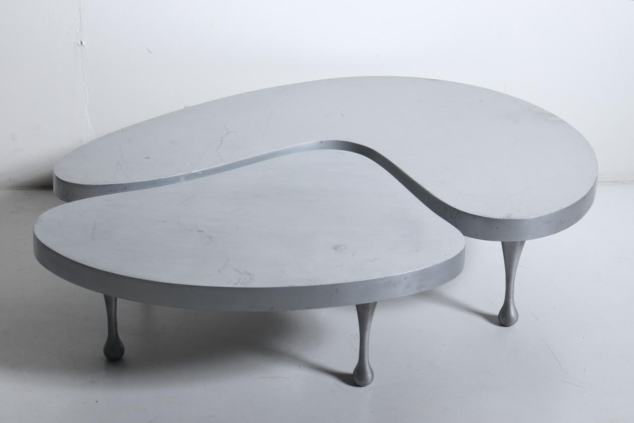 Original Palazzetti re-edition of 1935 Frederick John Keisler designed Cast Aluminum Low Nesting Coffee Table. Featuring balanced, sturdy, low, organic, free-form brushed surfaces. The two part nesting table was not widely produced prior to limited