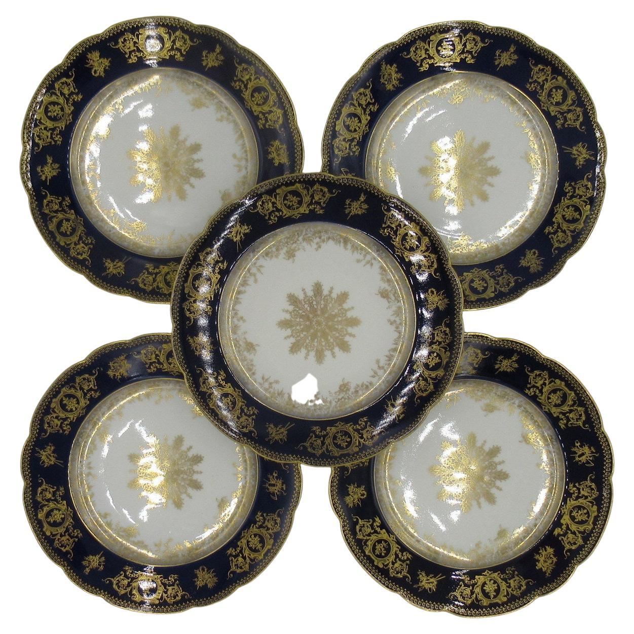 Juego Platos de Gabinete Franceses Dorados Azul Cobalto Limoges Francia Charles Field Haviland