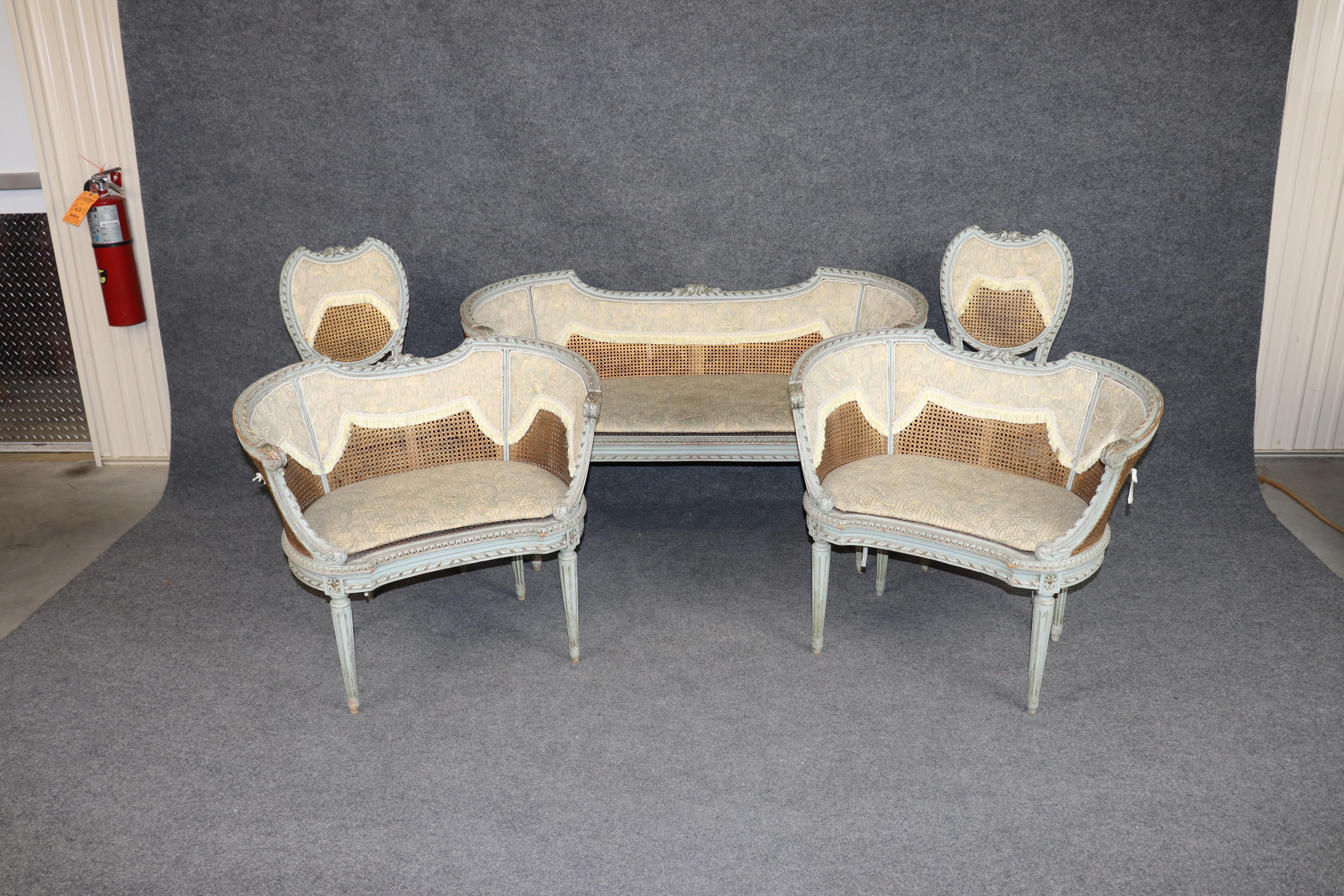 Set French Louis XVI Maison Krieger Cane Walnut Upholstered 5 Piece Parlor Set In Good Condition For Sale In Swedesboro, NJ