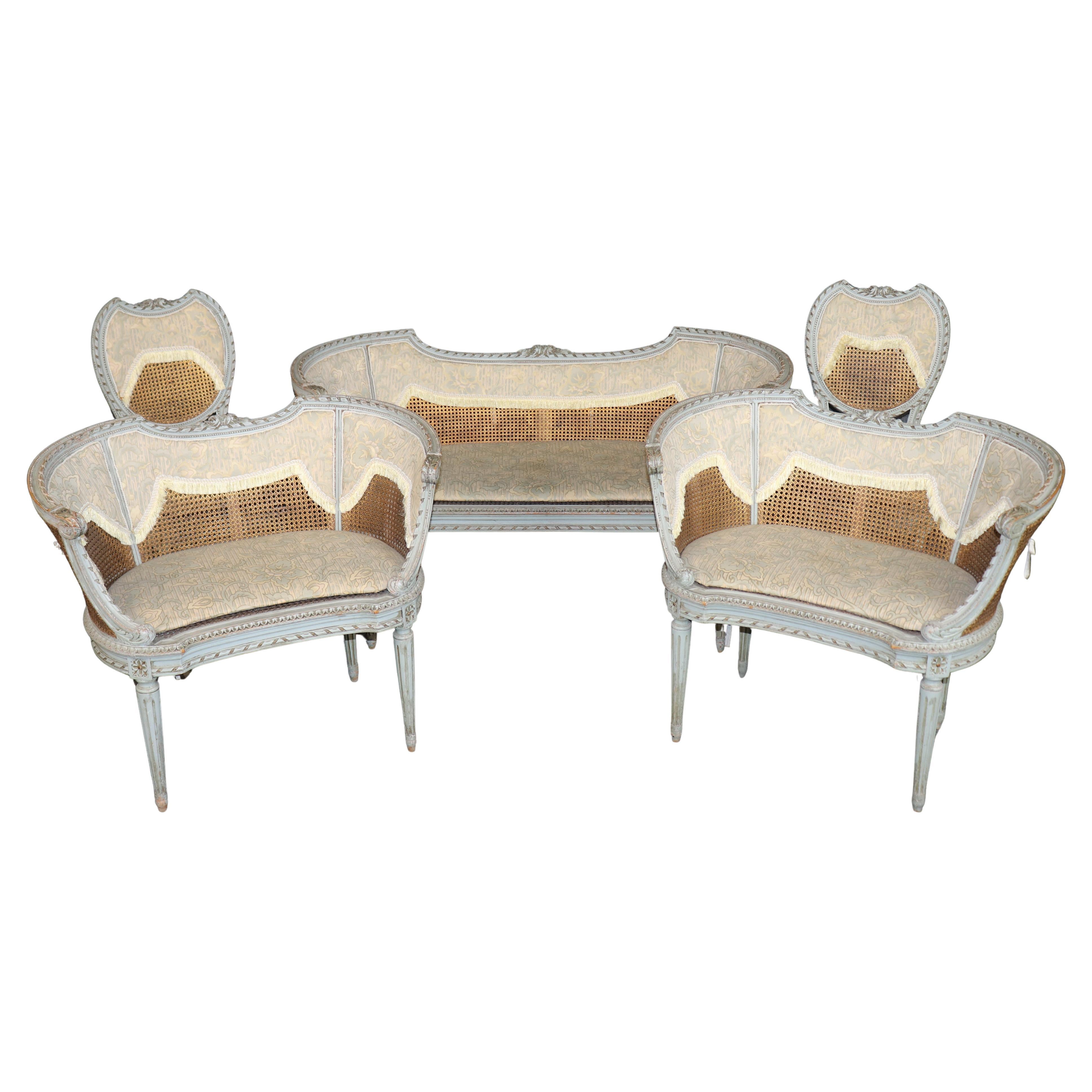 Set French Louis XVI Maison Krieger Cane Walnut Upholstered 5 Piece Parlor Set For Sale