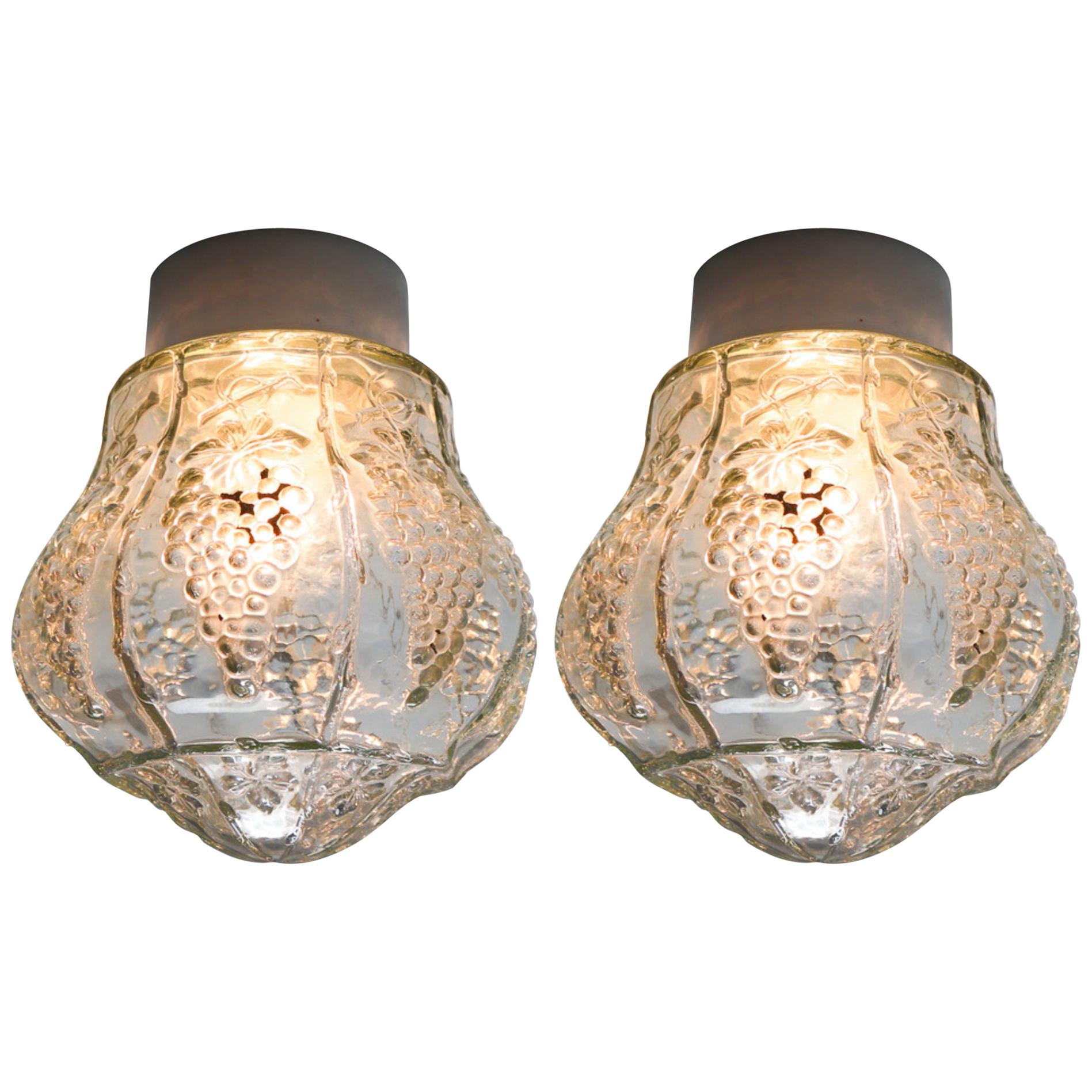 Set French Wall/Ceiling Lights with Clear Structured Glass Porcelain Base, 1930s