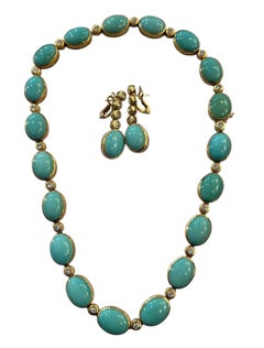 Gold Jewelry Set with Turquoise and Diamonds - Timeless Elegance