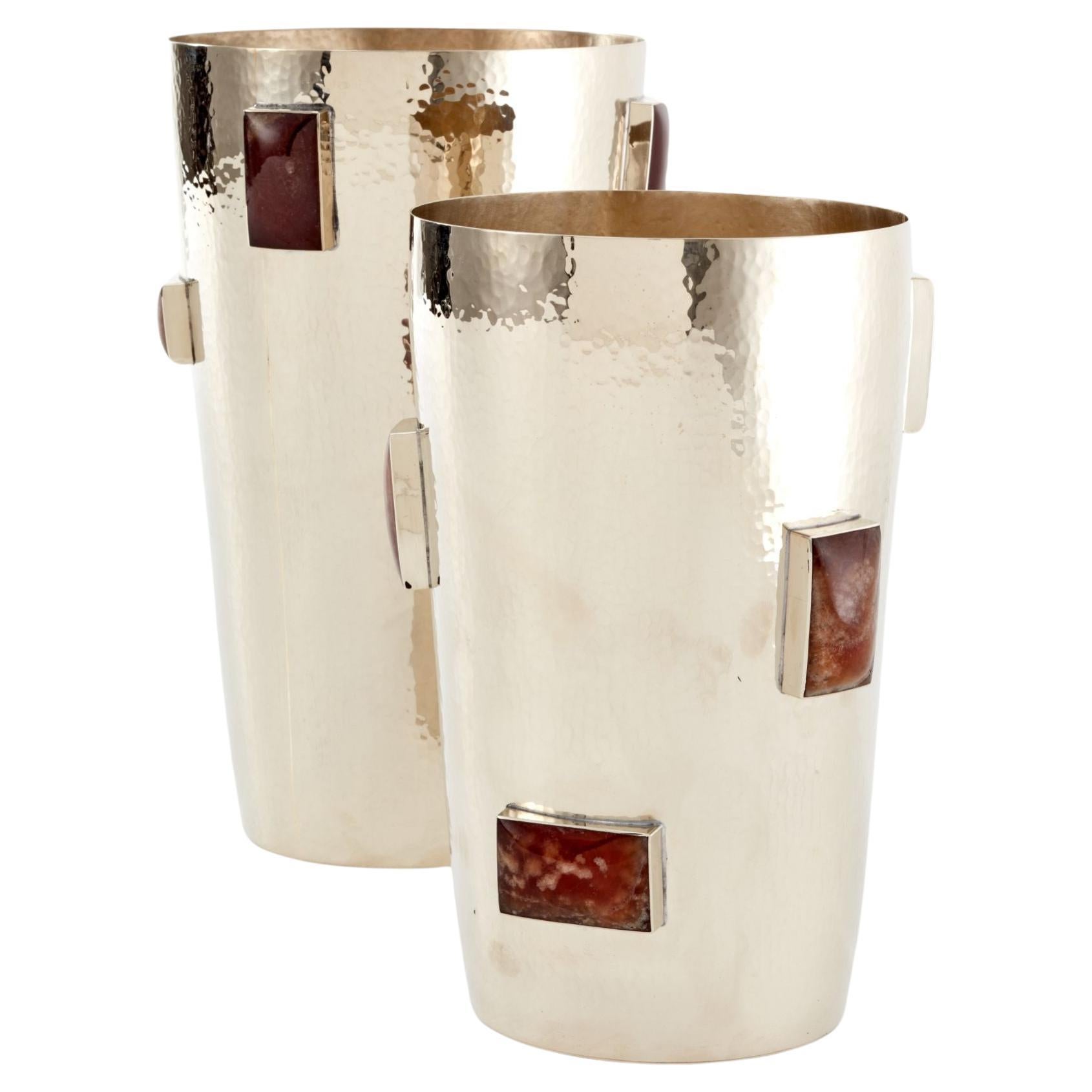 SET Glaciar Short , Tall, Silver Alpaca & Bordeaux Onyx Stone Flower Vases