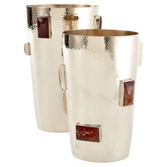 SET Glaciar Short , Tall, Silver Alpaca & Bordeaux Onyx Stone Flower Vases