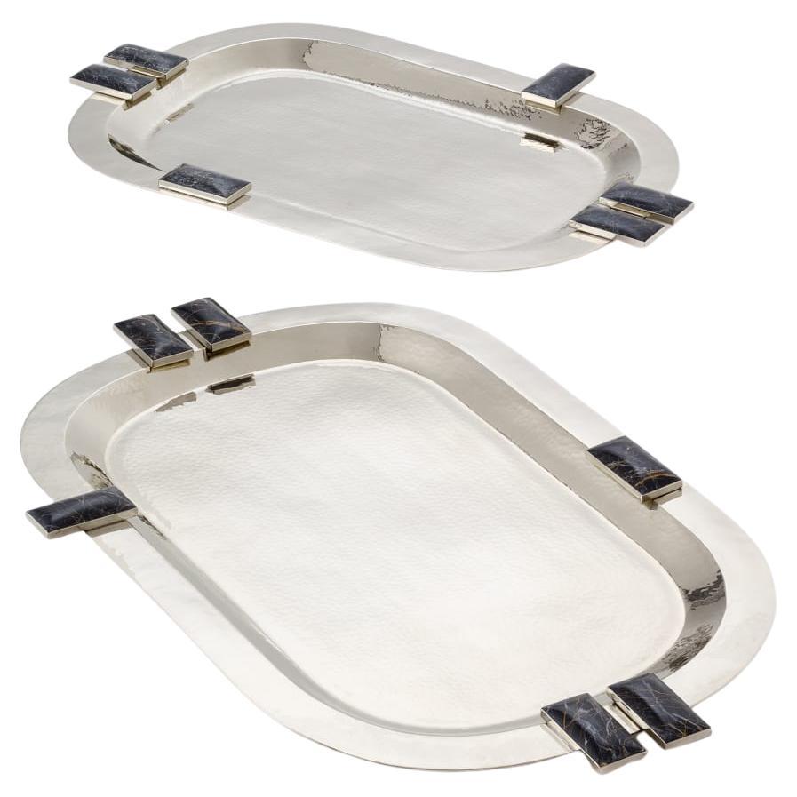 SET Glaciar Silver Alpaca,  Black Onyx Stone Medium & Large Bar Tray For Sale