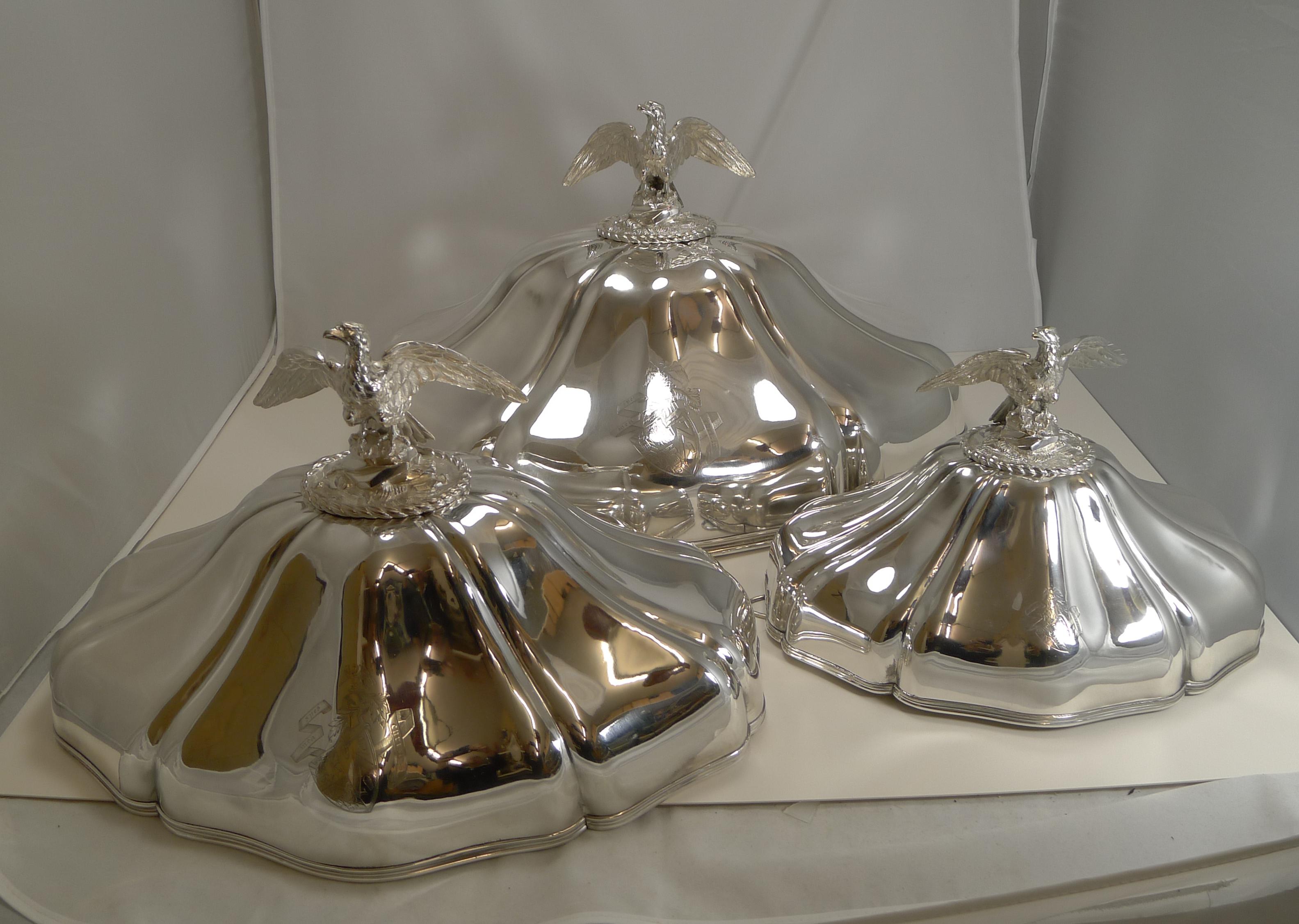 Without doubt, the very best I have ever seen and owned. This grand set of three graduated silver plated domes are all handmade, you can see the hand beating on the interior of all of them where they were formed by hand, amazing quality.

Of