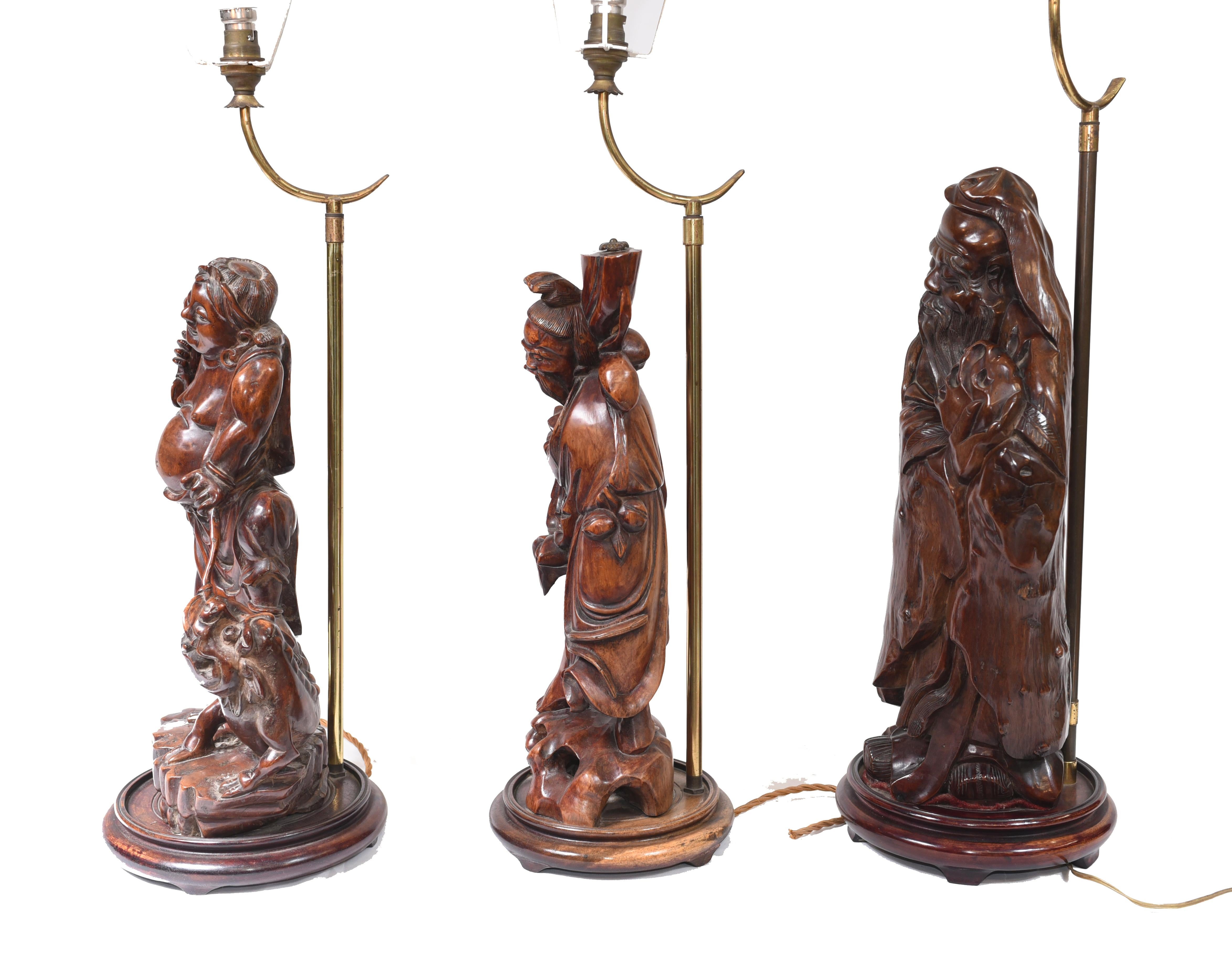 Set Hand Carved Chinese Buddha Lamps Antique 6
