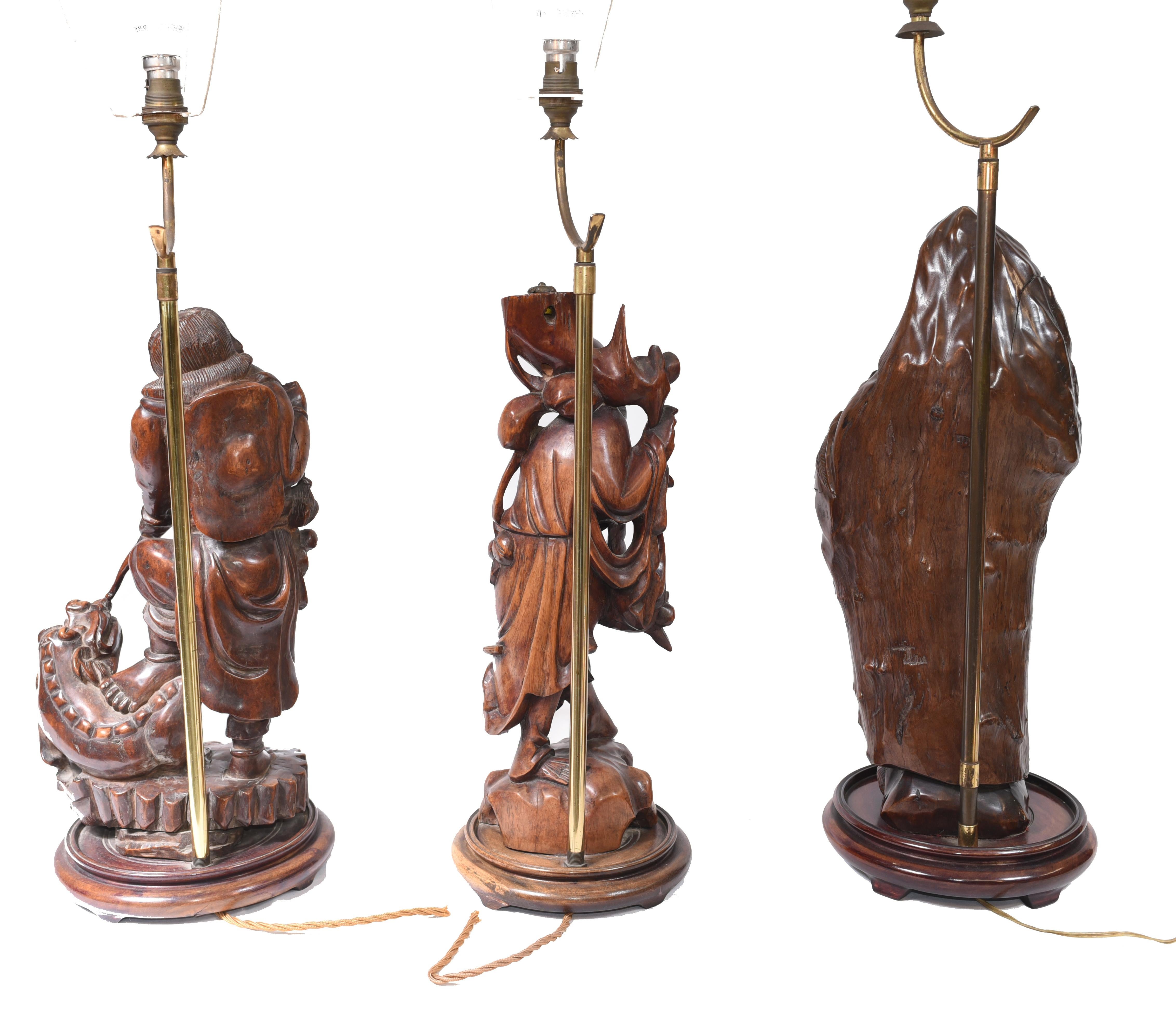 Set Hand Carved Chinese Buddha Lamps Antique 9