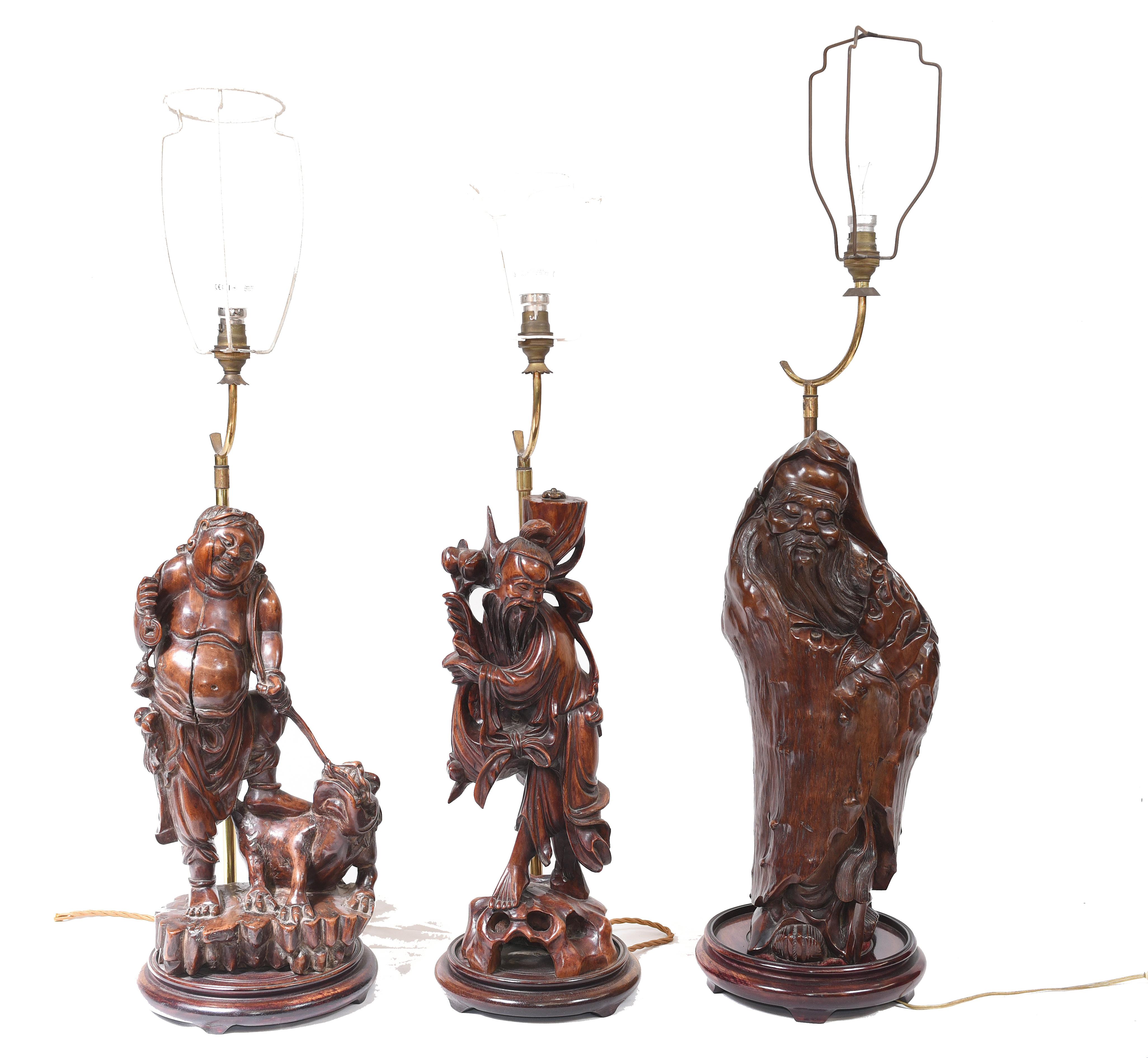 Wonderful set of three hand carved Chinese figurines
Characters include a fat buddha and a wise man
Hand carved from hardwood and we date these to circa 1880
Great details to the carving on this collectable set of lights
Herts showroom, just 25