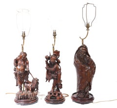 Set Hand Carved Chinese Buddha Lamps Antique